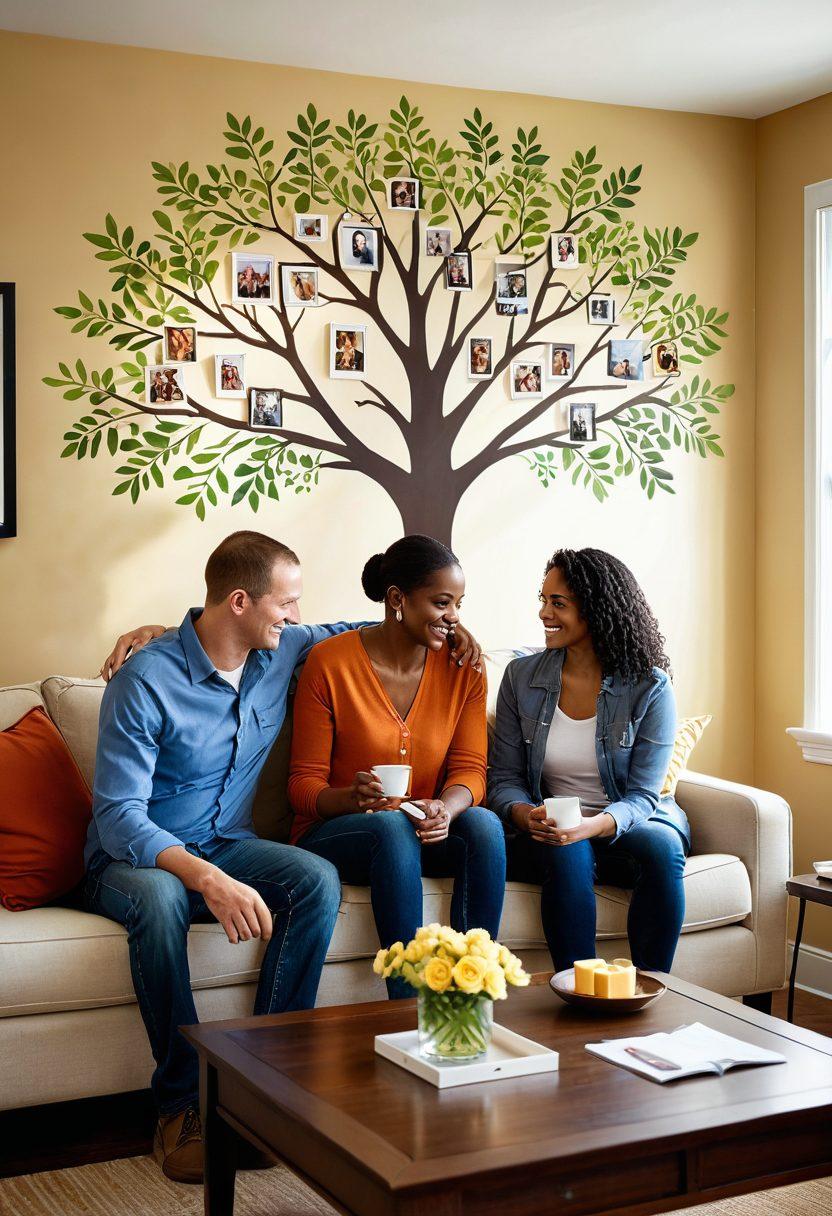 A warm and inviting family scene featuring diverse family members joyfully interacting in a cozy living room. Elements of love and support are highlighted with heartwarming expressions, a family tree on the wall, and insurance documents subtly placed on a coffee table. Soft, natural lighting enhances the atmosphere and promotes a sense of safety and togetherness. The design emphasizes unity and care, with a touch of modernity. super-realistic. vibrant colors. cozy atmosphere.