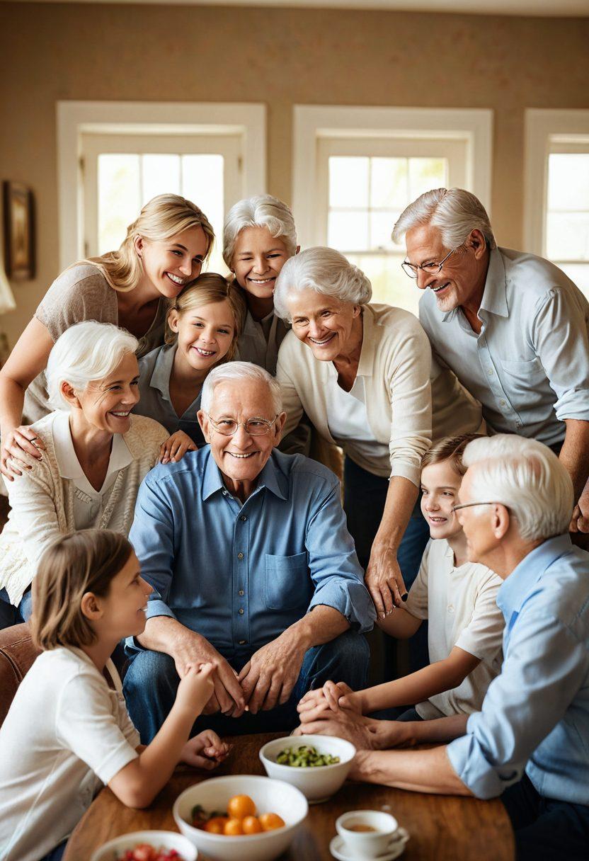 A warm, inviting family gathering scene showcasing multiple generations, with a loving elderly couple surrounded by their children and grandchildren, engaged in activities that symbolize care and protection, such as sharing stories, holding hands, and embracing. The background should have soft, natural lighting with elements of home like cozy furniture and family photos, conveying a sense of legacy and love. super-realistic. warm colors. soft focus.